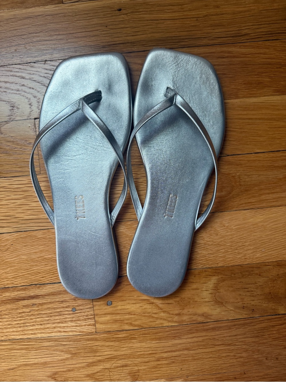 TKEES Square toe Lily Metallic Silver Square-Toe Flip Flop Sandals